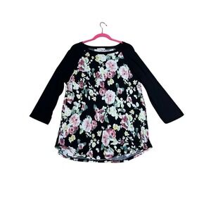 First Look Womens 3XL Floral Raglan 3/4 Sleeve Tunic Top Black‎ Pink